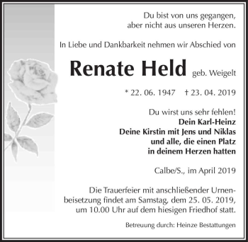 Traueranzeige von Renate Held (geb. Weigelt)  von Magdeburger Volksstimme