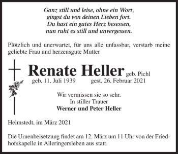 Traueranzeige von Renate Heller (geb. Pichl)  von Magdeburger Volksstimme