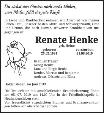 Traueranzeige von Renate Henke (geb. Heine)  von Magdeburger Volksstimme