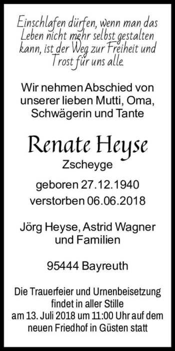 Traueranzeige von Renate Heyse (Zscheyge)  von Magdeburger Volksstimme