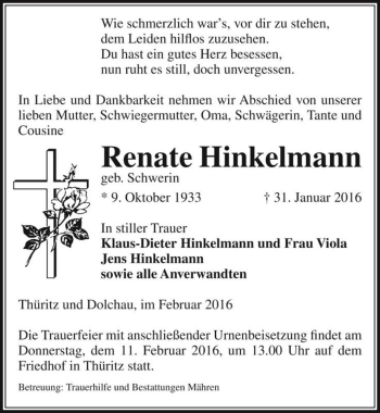 Traueranzeige von Renate Hinkelmann (geb. Schwerin)  von Magdeburger Volksstimme