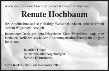 Traueranzeige von Renate Hochbaum  von Magdeburger Volksstimme