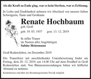Traueranzeige von Renate Hochbaum (geb. Groß)  von Magdeburger Volksstimme