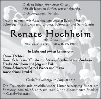 Traueranzeige von Renate Hochheim (geb. Drose)  von Magdeburger Volksstimme