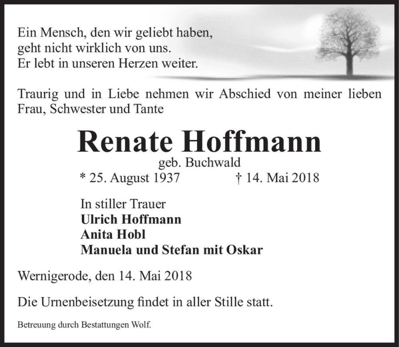  Traueranzeige für Renate Hoffmann (geb. Buchwald)  vom 18.05.2018 aus Magdeburger Volksstimme