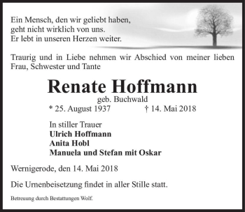Traueranzeige von Renate Hoffmann (geb. Buchwald)  von Magdeburger Volksstimme
