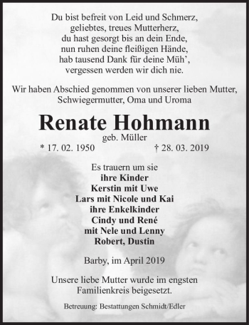 Traueranzeige von Renate Hohmann (geb. Müller)  von Magdeburger Volksstimme