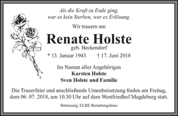 Traueranzeige von Renate Holste (geb. Beckendorf)  von Magdeburger Volksstimme