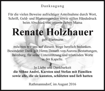 Traueranzeige von Renate Holzhauer (geb. Hartmann)  von Magdeburger Volksstimme