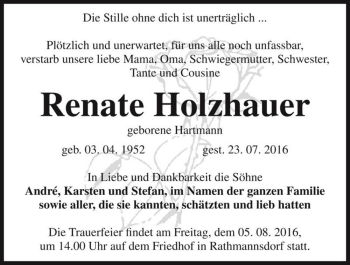Traueranzeige von Renate Holzhauer (geb. Hartmann)  von Magdeburger Volksstimme