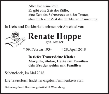 Traueranzeige von Renate Hoppe (geb. Müller)  von Magdeburger Volksstimme