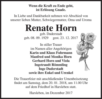 Traueranzeige von Renate Horn (geb. Duderstadt)  von Magdeburger Volksstimme