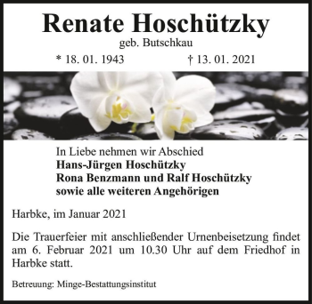 Traueranzeige von Renate Hoschützky (geb. Butschkau)  von Magdeburger Volksstimme
