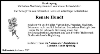 Traueranzeige von Renate Hundt  von Magdeburger Volksstimme