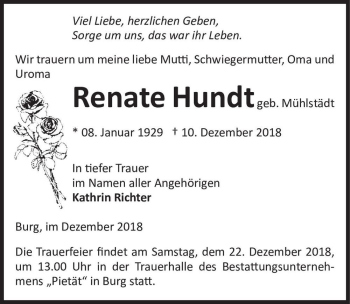 Traueranzeige von Renate Hundt (geb. Mühlstädt)  von Magdeburger Volksstimme