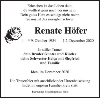 Traueranzeige von Renate Höfer  von Magdeburger Volksstimme