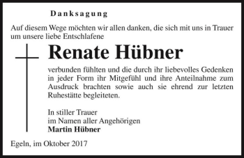 Traueranzeige von Renate Hübner  von Magdeburger Volksstimme