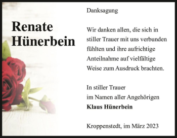 Traueranzeige von Renate Hünerbein  von Magdeburger Volksstimme