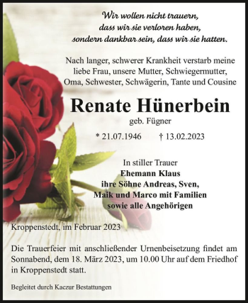 Traueranzeige von Renate Hünerbein (geb. Fügner)  von Magdeburger Volksstimme