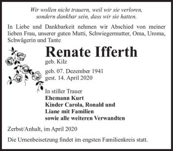 Traueranzeige von Renate Ifferth (geb. Kilz)  von Magdeburger Volksstimme