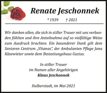 Traueranzeige von Renate Jeschonnek  von Magdeburger Volksstimme