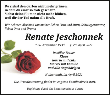 Traueranzeige von Renate Jeschonnek  von Magdeburger Volksstimme