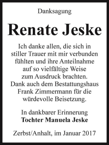 Traueranzeige von Renate Jeske  von Magdeburger Volksstimme