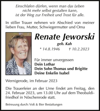 Traueranzeige von Renate Jeworski (geb. Kah)  von Magdeburger Volksstimme