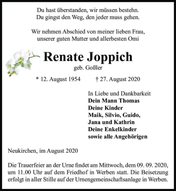 Traueranzeige von Renate Joppich (geb. Goßler)  von Magdeburger Volksstimme