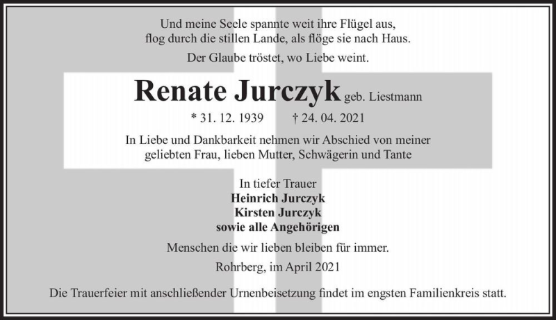  Traueranzeige für Renate Jurczyk (geb. Liestmann)  vom 30.04.2021 aus Magdeburger Volksstimme