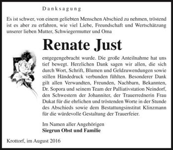 Traueranzeige von Renate Just  von Magdeburger Volksstimme