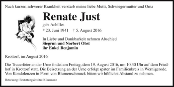 Traueranzeige von Renate Just (geb. Achilles)  von Magdeburger Volksstimme