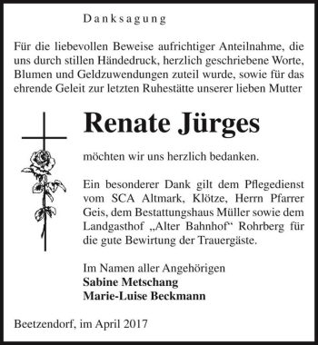 Traueranzeige von Renate Jürges  von Magdeburger Volksstimme