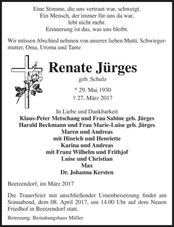 Traueranzeige von Renate Jürges (geb. Schulz)  von Magdeburger Volksstimme
