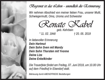 Traueranzeige von Renate Kabel (geb. Kehrbein)  von Magdeburger Volksstimme