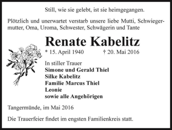 Traueranzeige von Renate Kabelitz  von Magdeburger Volksstimme