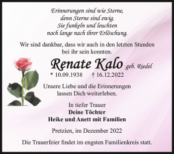 Traueranzeige von Renate Kalo (geb. Riedel)  von Magdeburger Volksstimme