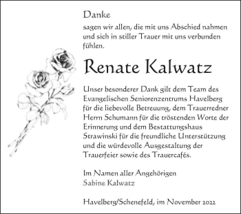 Traueranzeige von Renate Kalwatz  von Magdeburger Volksstimme