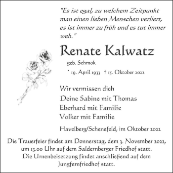 Traueranzeige von Renate Kalwatz (geb. Schmok)  von Magdeburger Volksstimme