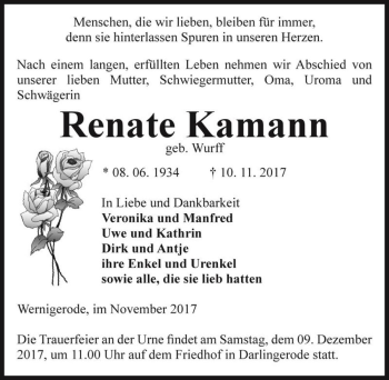 Traueranzeige von Renate Kamann (geb. Wurff)  von Magdeburger Volksstimme