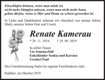 Traueranzeige von Renate Kamerau  von Magdeburger Volksstimme