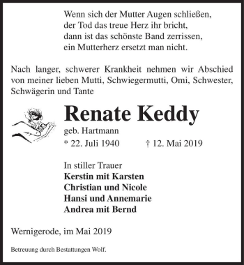Traueranzeige von Renate Keddy (geb. Hartmann)  von Magdeburger Volksstimme