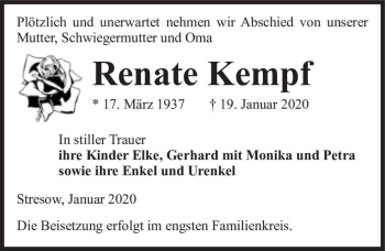 Traueranzeige von Renate Kempf  von Magdeburger Volksstimme