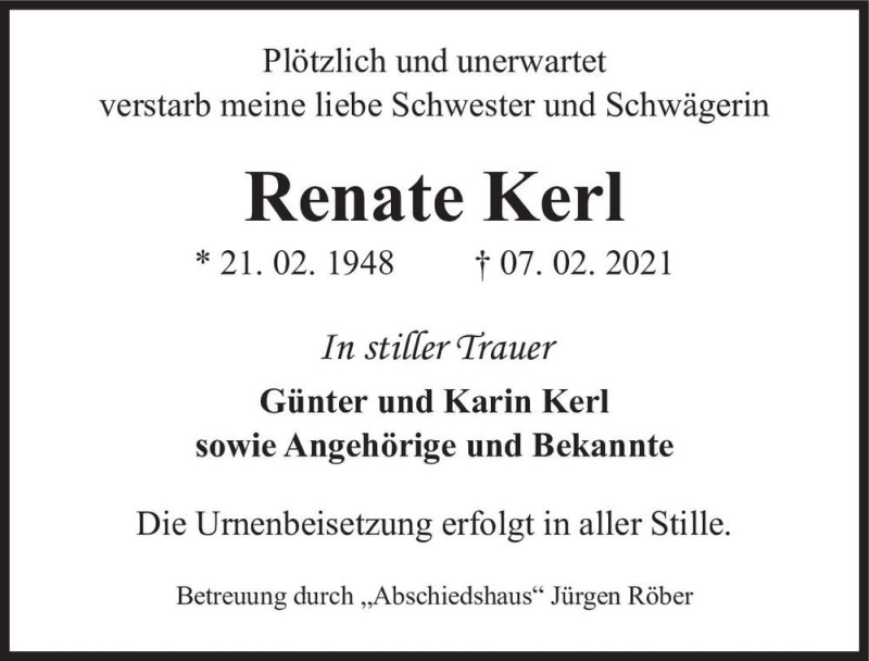  Traueranzeige für Renate Kerl  vom 27.02.2021 aus Magdeburger Volksstimme