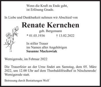 Traueranzeige von Renate Kernchen (geb. Bergemann)  von Magdeburger Volksstimme