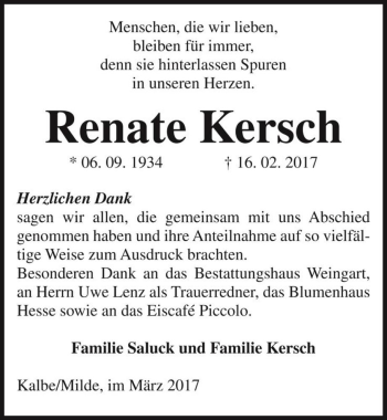 Traueranzeige von Renate Kersch  von Magdeburger Volksstimme