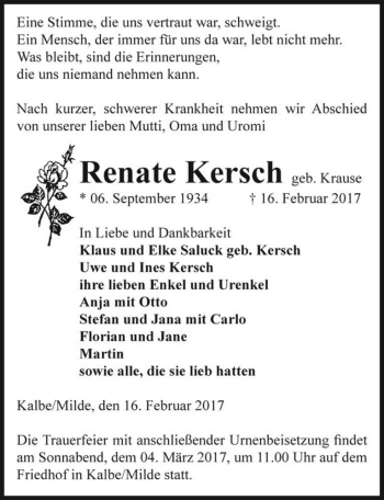 Traueranzeige von Renate Kersch (geb. Krause)  von Magdeburger Volksstimme