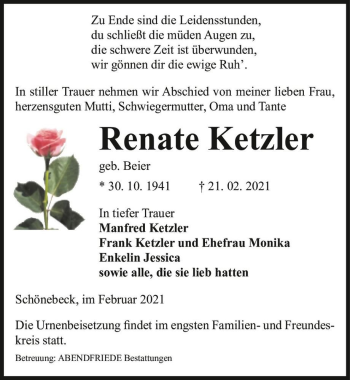 Traueranzeige von Renate Ketzler (geb. Beier)  von Magdeburger Volksstimme