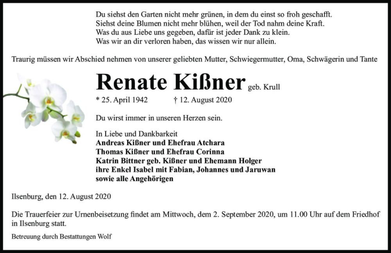  Traueranzeige für Renate Kißner (geb. Knall)  vom 15.08.2020 aus Magdeburger Volksstimme