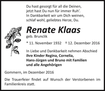 Traueranzeige von Renate Klaas (geb. Brunclik)  von Magdeburger Volksstimme